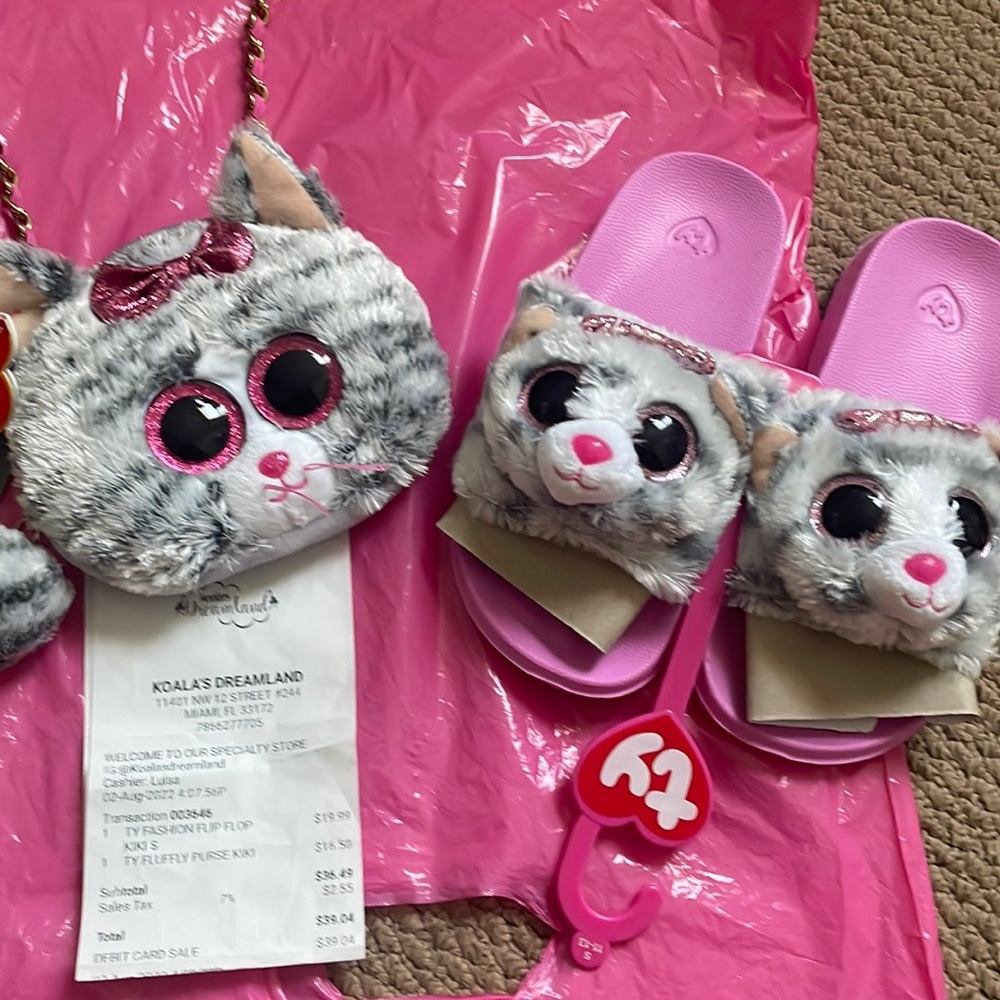TY Beanie Baby Toddler Girls Kiki kitty Cat Slides & Coin purse with Chain